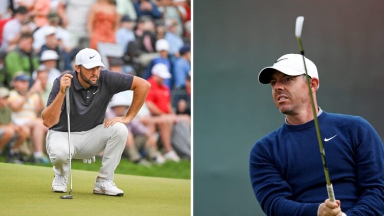 Scottie Scheffler lines up a putt at the Tour Championship, Rory McIlroy hits a shot in practice before The Open Championship