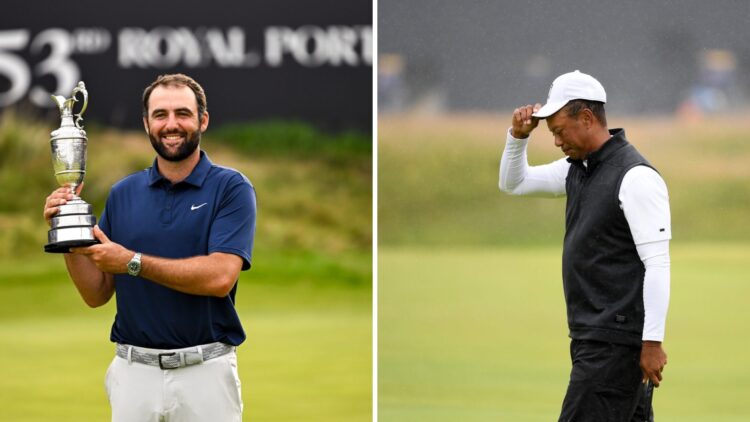 Scottie Scheffler holds The Open Championship trophy, Tiger Woods at the 2010 Open Championship