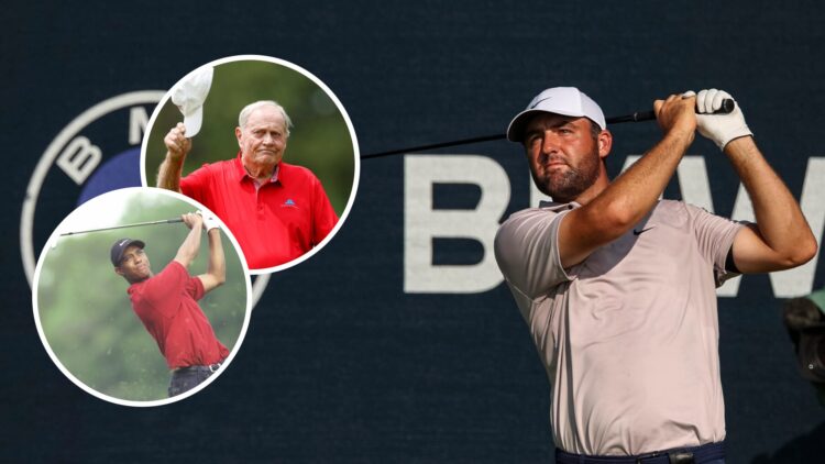 Scottie Scheffler tees off at the BMW Championship, insets of Jack Nicklaus and Tiger Woods