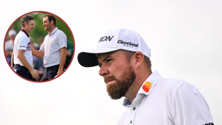 Shane Lowry during the third round of The Open Championship at Royal Portrush / Justin Rose and Scottie Scheffler embrace during the 2023 PGA Champ...