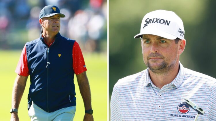 Stewart Cink during the final day of the 2024 Presidents Cup / Keegan Bradley during a practice round at the Wyndham Championship
