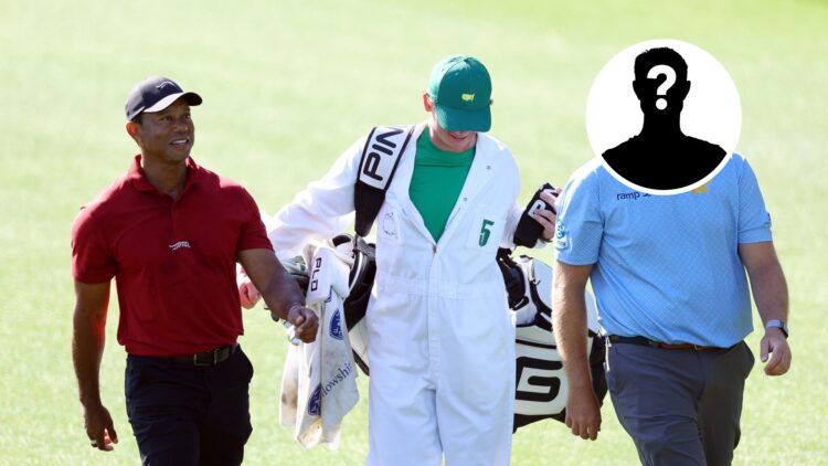 Tiger Woods and Neal Shipley walk at The Masters in 2024, inset mystery player
