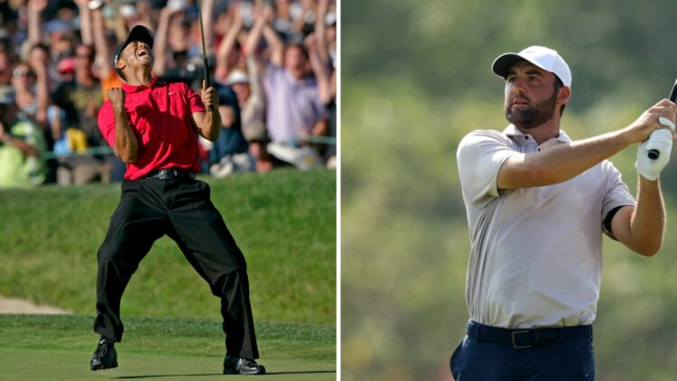 Tiger Woods celebrates on the eighteenth green after sinking a putt for a birdie and to force a playoff / Scottie Scheffler hits an approach during...