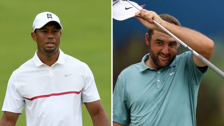 Tiger Woods playing at The Memorial Tournament in 2015 / Scottie Scheffler reacts to winning the BMW Championship
