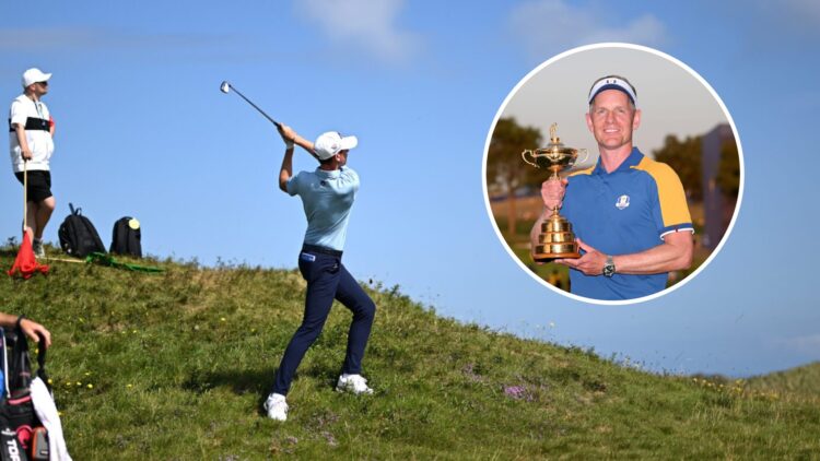 Tom McKibbin practices before The Open Championship in 2025, inset Luke Donald holds the Ryder Cup trophy in 2023
