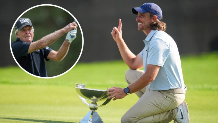 Tommy Fleetwood celebrates with the Tour Championship trophy / Gary Player in action during the 2024 Senior Open Championship