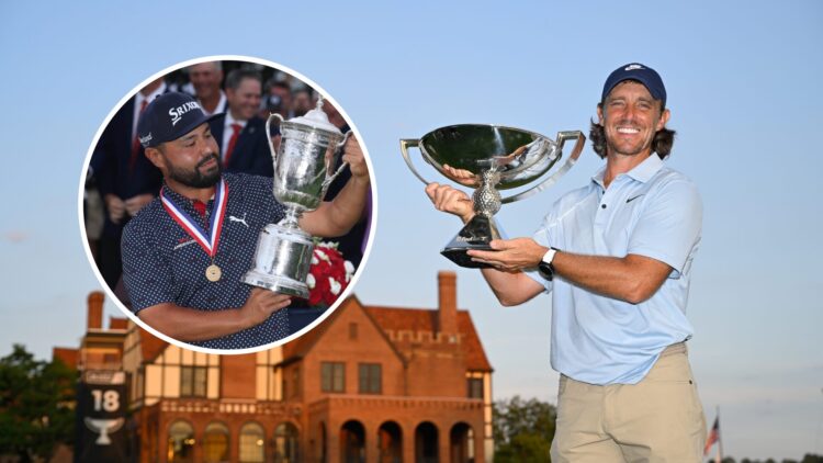 Tommy Fleetwood lifts the FedEx Cup, inset of J.J. Spaun with the US Open trophy