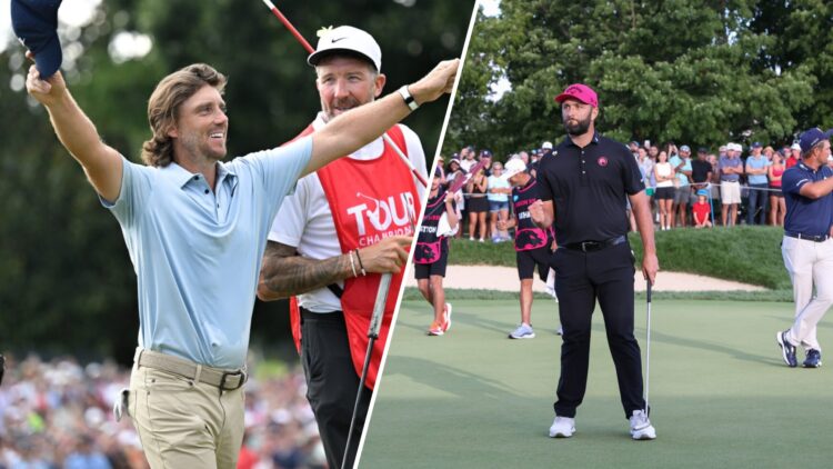 Split image of Tommy Fleetwood celebrating at the 2025 Tour Championship and Jon Rahm celebrating at the 2025 LIV Golf Team Championship