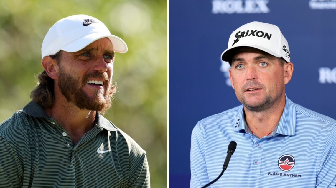 Tommy Fleetwood in action on the 18th hole during the third round of the FedEx St. Jude Championship in 2025 / Keegan Bradley speaking to the media...