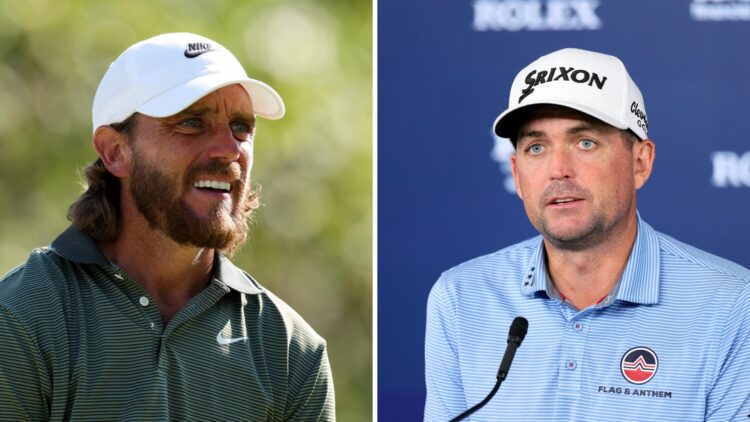 Tommy Fleetwood in action on the 18th hole during the third round of the FedEx St. Jude Championship in 2025 / Keegan Bradley speaking to the media...