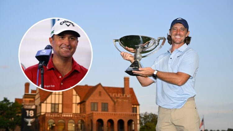 Tommy Fleetwood holds the FedExCup trophy after winning the 2025 Tour Championship, inset Kevin Kisner speaks at TGL 2025