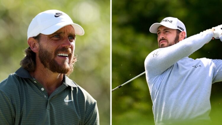 Tommy Fleetwood in action on the 18th hole during the third round of the FedEx St. Jude Championship in 2025 / Patrick Cantlay hits an iron shot in...
