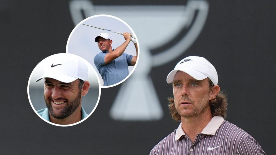 Tommy Fleetwood at the Tour Championship, insets of Rory McIlroy and Scottie Scheffler