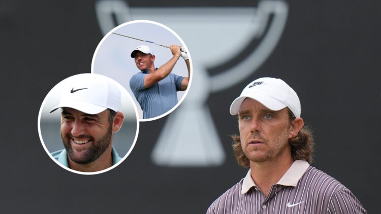 Tommy Fleetwood at the Tour Championship, insets of Rory McIlroy and Scottie Scheffler