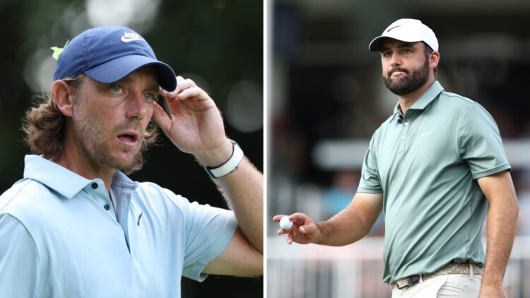 Tommy Fleetwood looks on from the 17th tee during the final round of the TOUR Championship / Scottie Scheffler reacts on the 18th green during the ...
