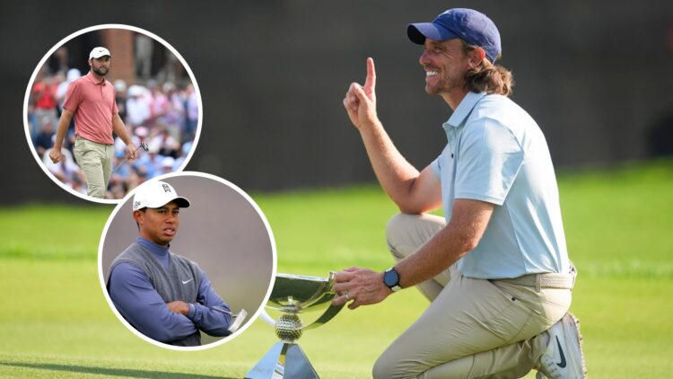 Tommy Fleetwood celebrates with the Tour Championship trophy / Scottie Scheffler walks on the 18th green during the first round of the TOUR Champio...