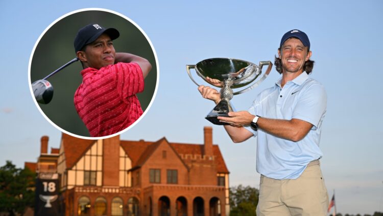 Tommy Fleetwood holding the FedEx Cup trophy, inset of Tiger Woods