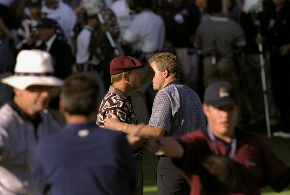 26 Sep 1999: Payne Stewart of the USA and Colin Montgomerie of Europe talk after their match during the 33rd Ryder Cup match played at the Brookli...