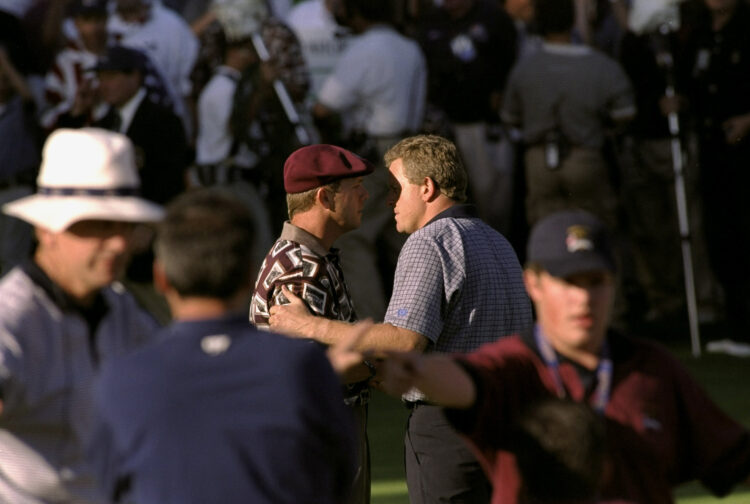 26 Sep 1999:  Payne Stewart of the USA and Colin Montgomerie of Europe talk after their match during the 33rd Ryder Cup match played at the Brookli...
