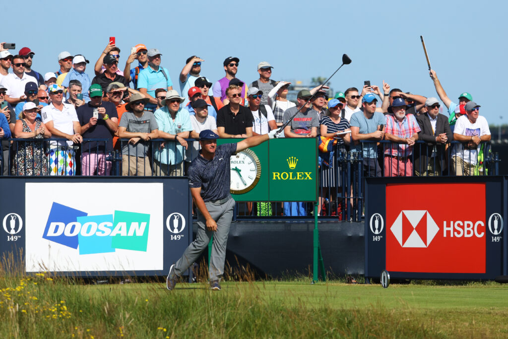 Bryson DeChambeau plays his tee shot on the second during Day Four of The 149th Open at Royal St George’s