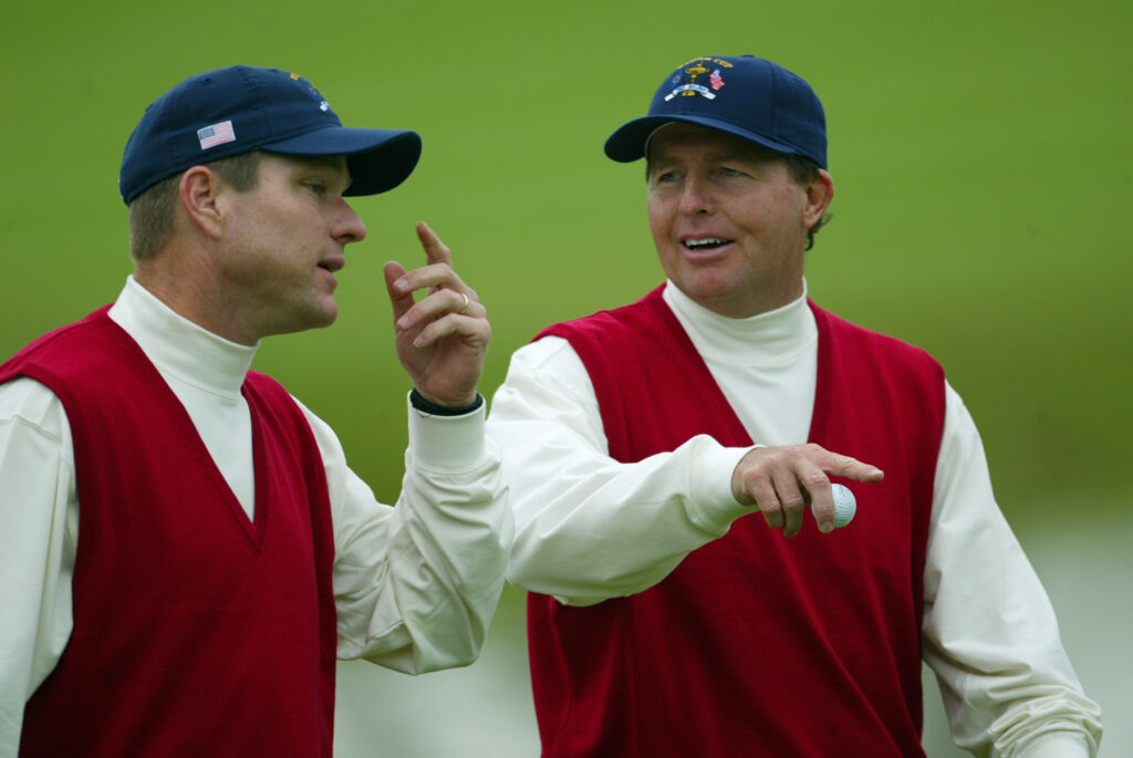 Scott Verplank and Scott Hoch on the third green during the morning foursomes on the second day of the Ryder Cup between Europe and the USA at The Belfry