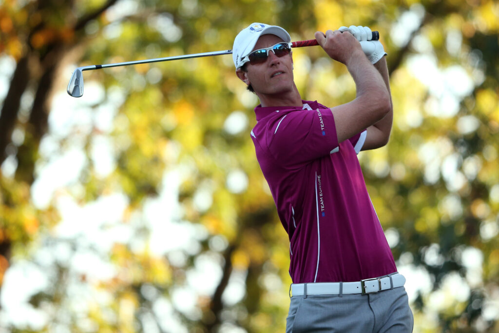Nicolas Colsaerts hits a tee shot during the second day of the 2012 Ryder Cup