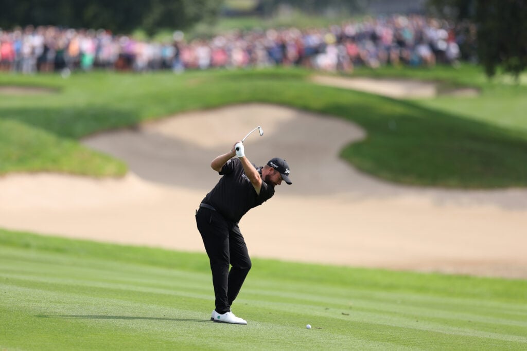 Shane Lowry plays his second shot on the fourth during Day Four of the Horizon Irish Open
