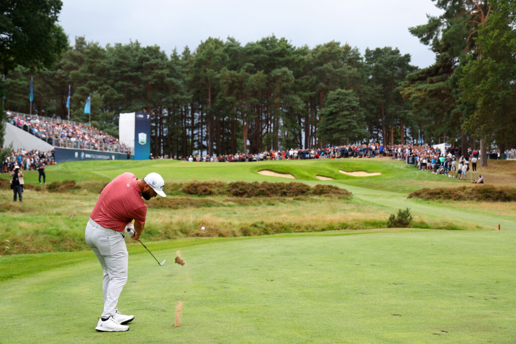 Jon Rahm plays his second shot on the 7th hole during Day Four of the BMW PGA Championship