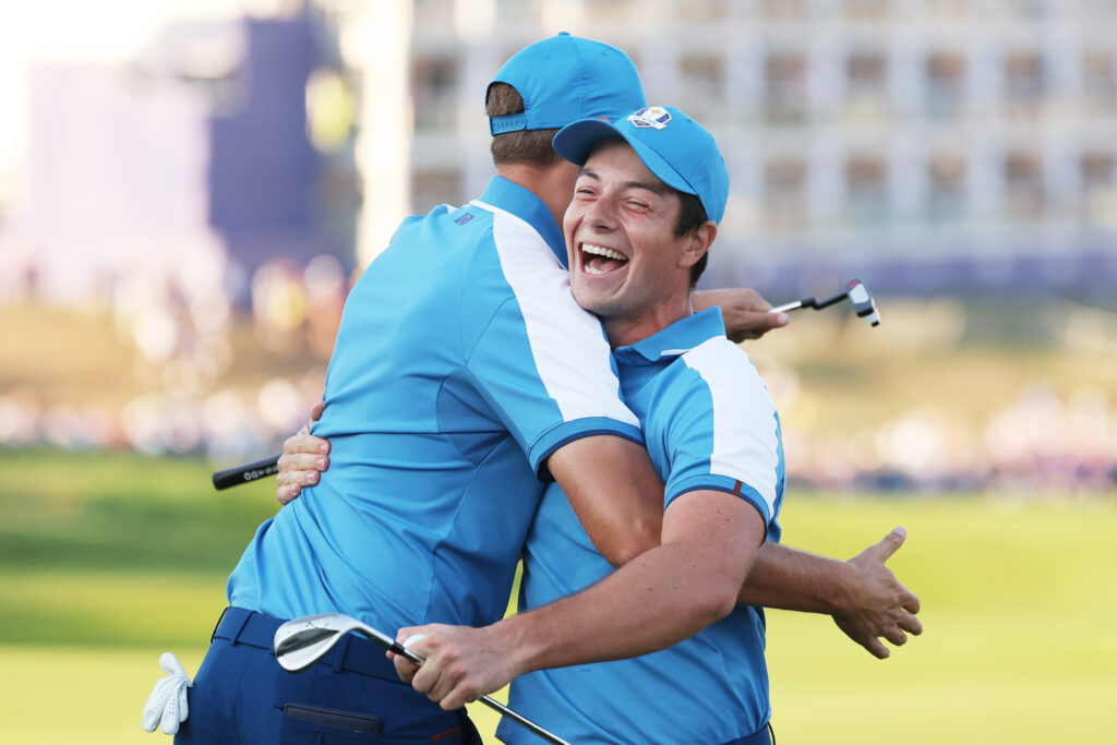 Viktor Hovland and Ludvig Aberg of Team Europe celebrate agt the 2023 Ryder Cup.