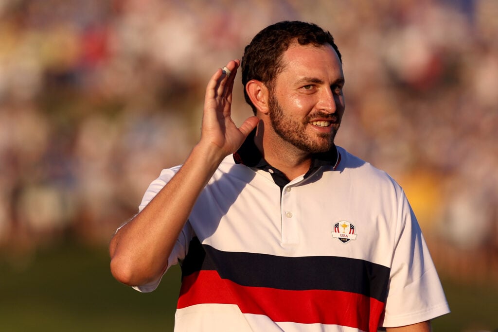 Patrick Cantlay of Team United States gestures in celebration
