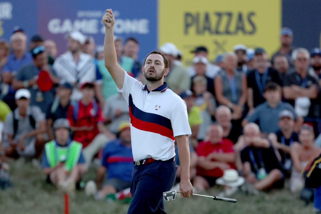 Patrick Cantlay of Team United States gestures in celebration of winning his match during the 2023 Ryder Cup