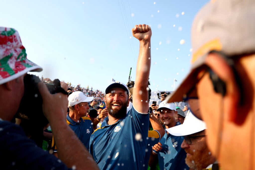 Jon Rahm celebrates Europe winning the 2023 Ryder Cup