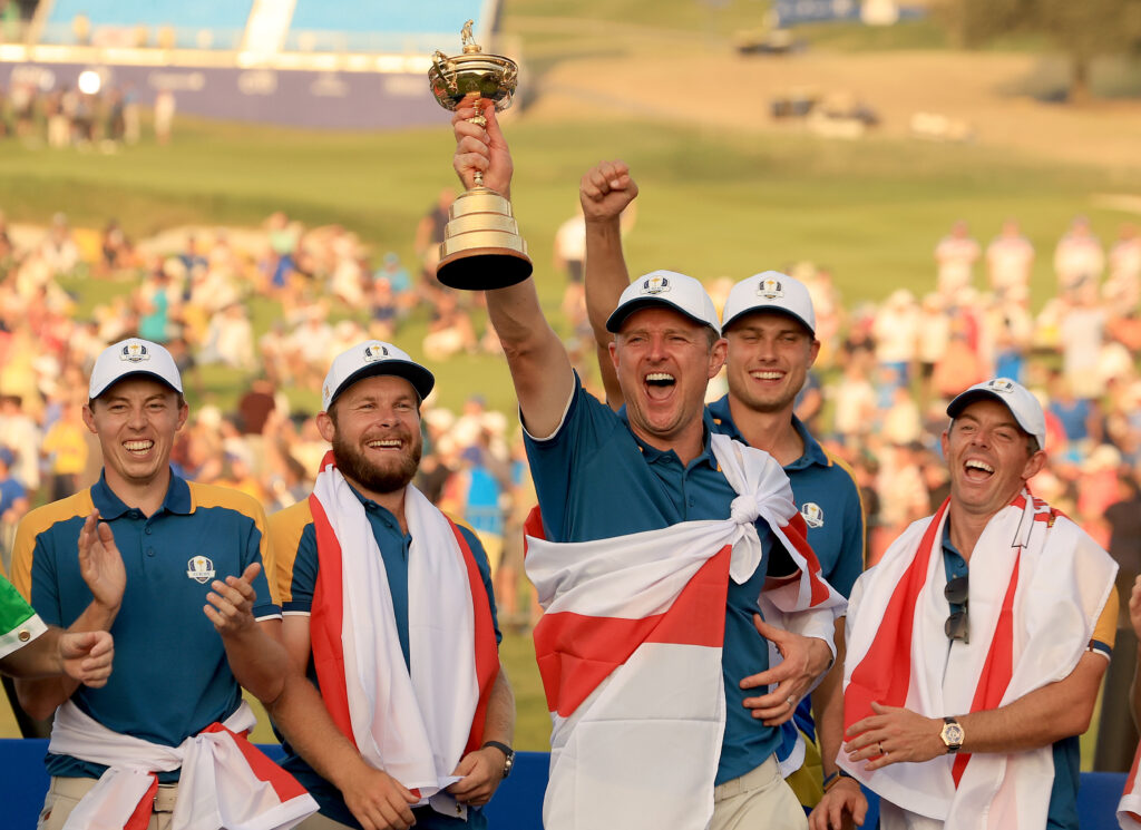 Justin Rose lifts the Ryder Cup trophy following Europe's win in 2023