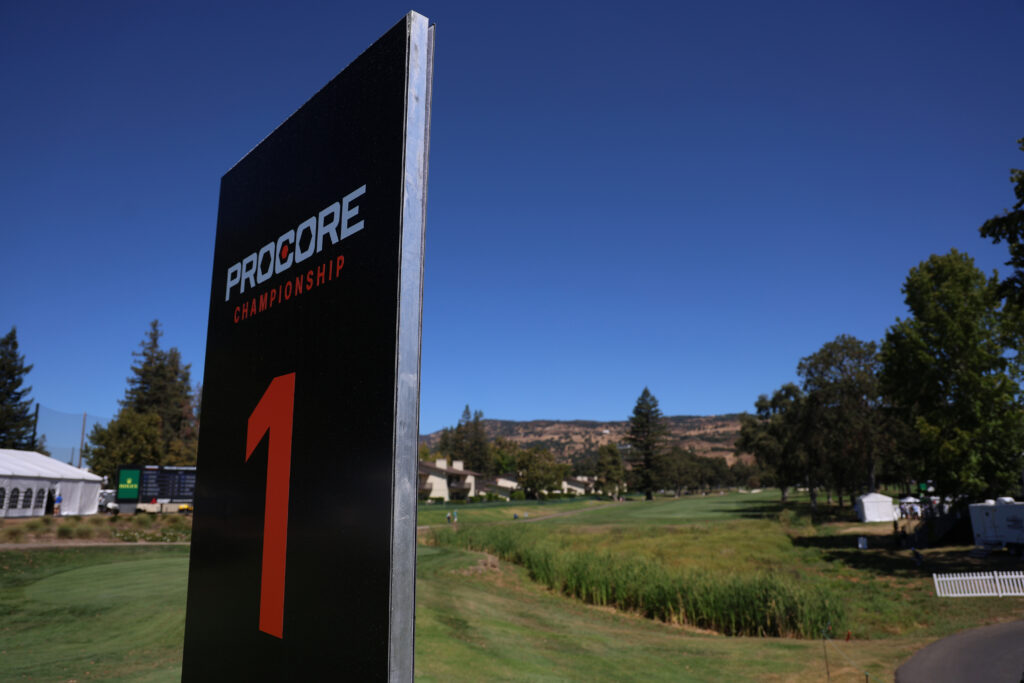 A Procore Championship logo is seen on the first hole marker during the first round of the Procore Championship 2024