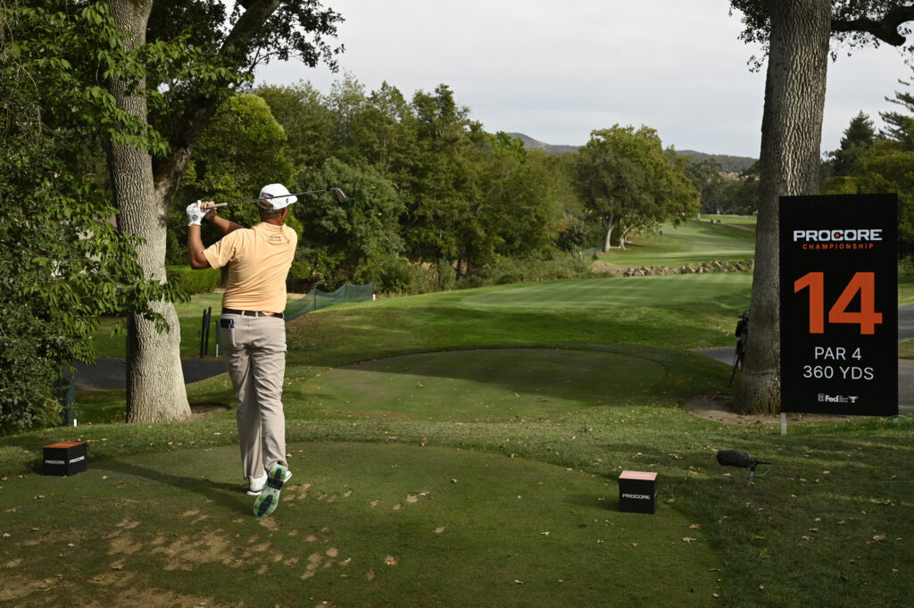 Patton Kizzire hits his tee shot on the 14th hole during the final round of the Procore Championship