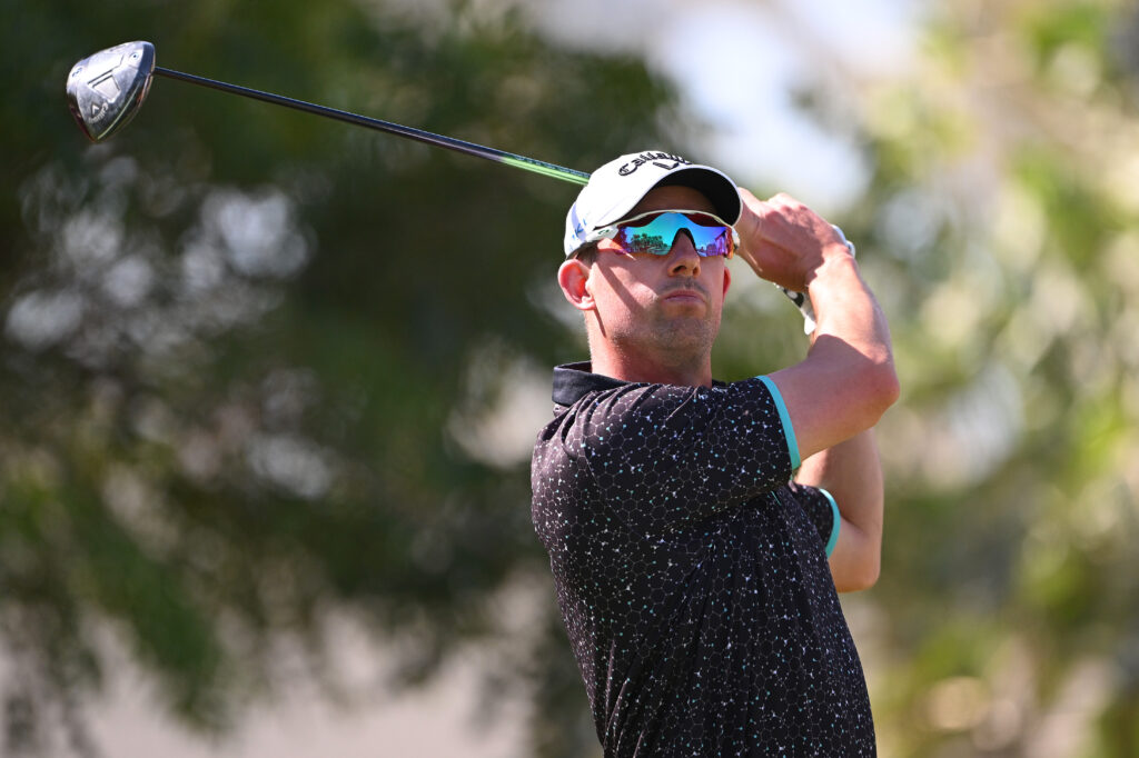 Alexander Bjork hits his tee shot on the 16th hole on day two of the Ras Al Khaimah Championship