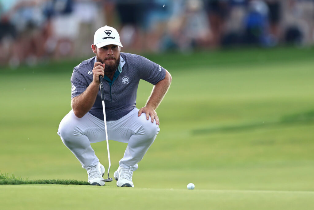 Tyrrell Hatton lines up a putt during the final round of the 2025 US Open