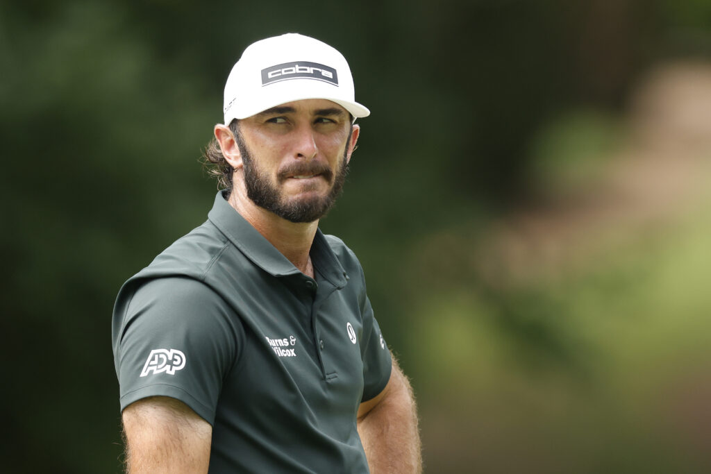 Max Homa looks on on the fifth green during the first round of the Wyndham Championship 2025