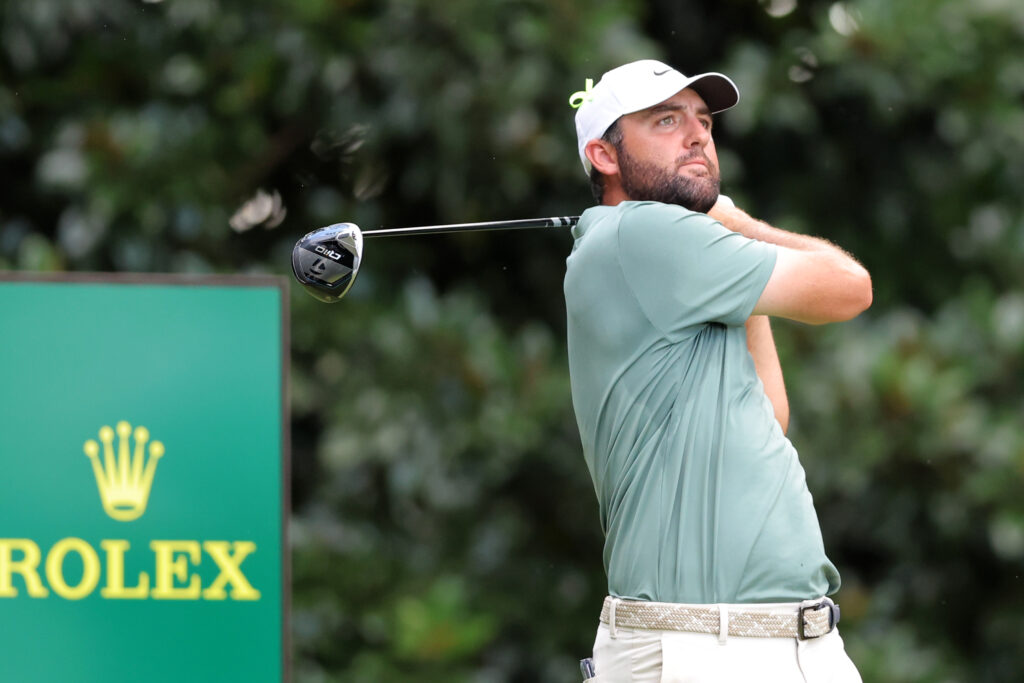 Scottie Scheffler of the United States hits his tee shot on hole #17 during the final round of the PGA Tour Championship on August 24, 2025 at East Lake Golf Club