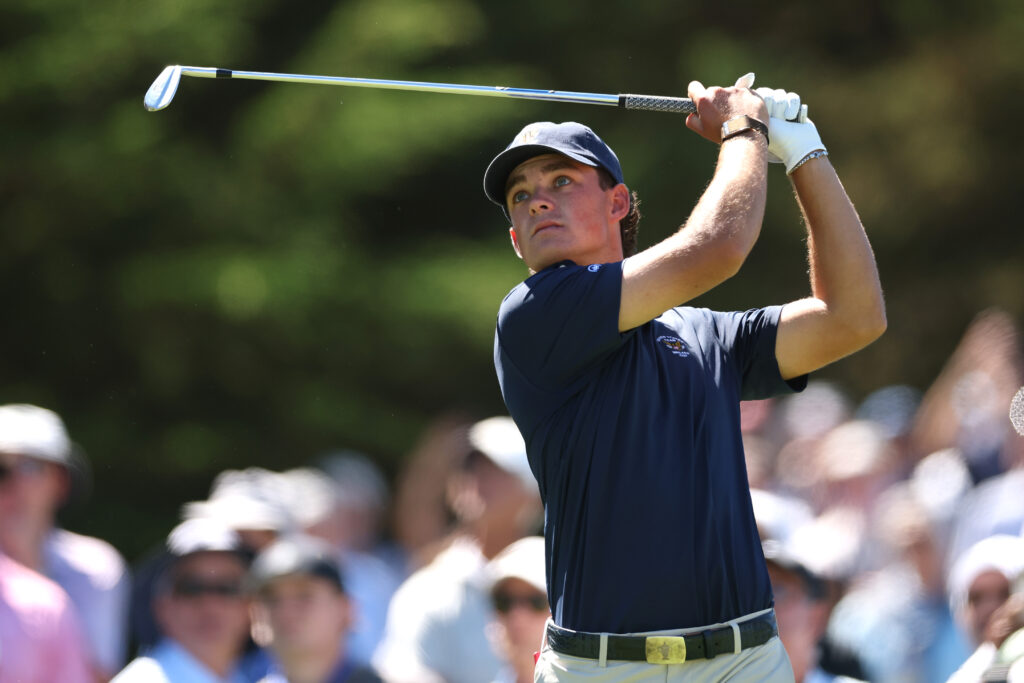 Jackson Koivun of Team United States plays his shot from the third tee in Sunday singles during day two of the 50th Walker Cup at Cypress Point