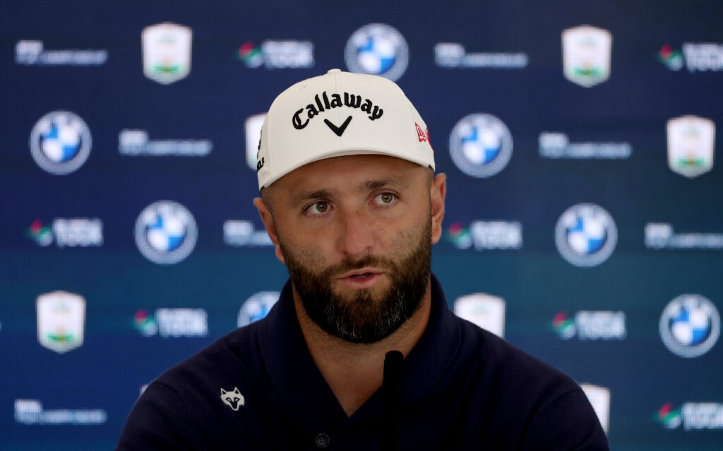 Jon Rahm speaks to the media during a press conference prior to the BMW PGA Championship