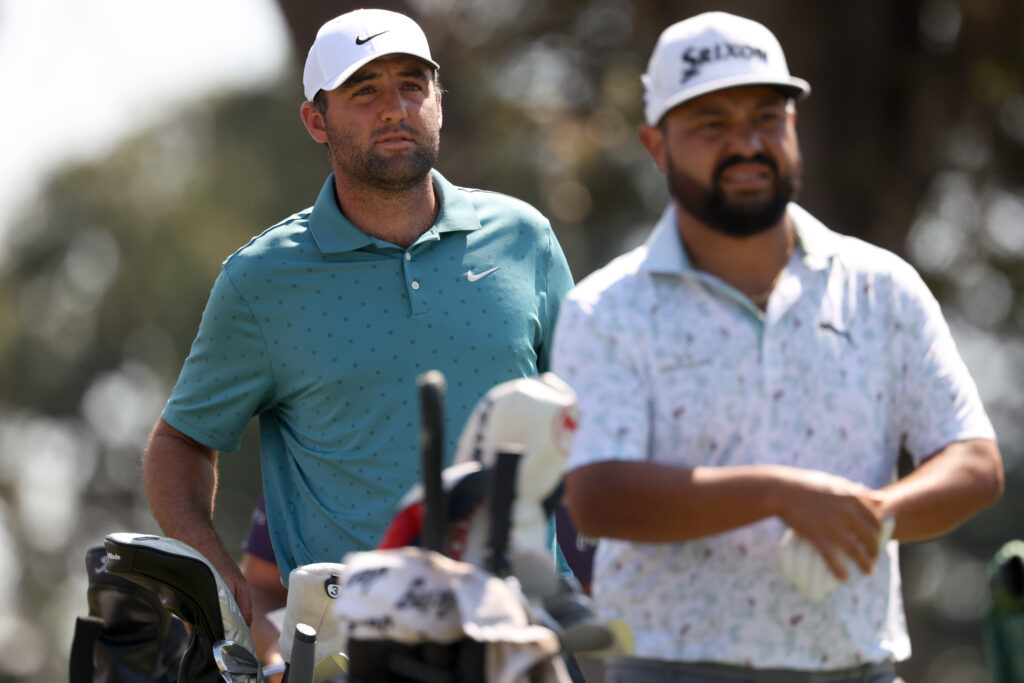 Scottie Scheffler and J.J. Spaun waiting to tee off at the Procore Championship