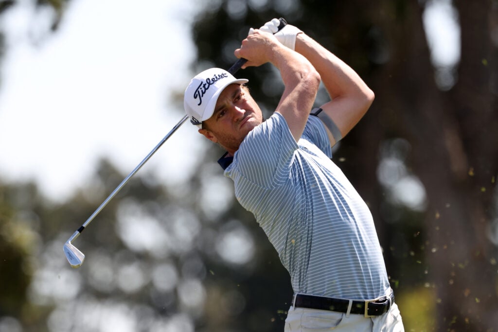 Justin Thomas plays his shot from the seventh tee during the first round of the Procore Championship 2025