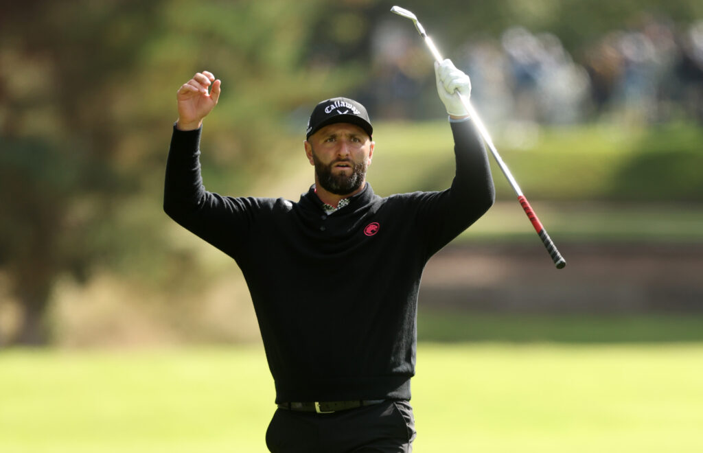 Jon Rahm reacts to his approach shot during the second round of the BMW PGA Championship