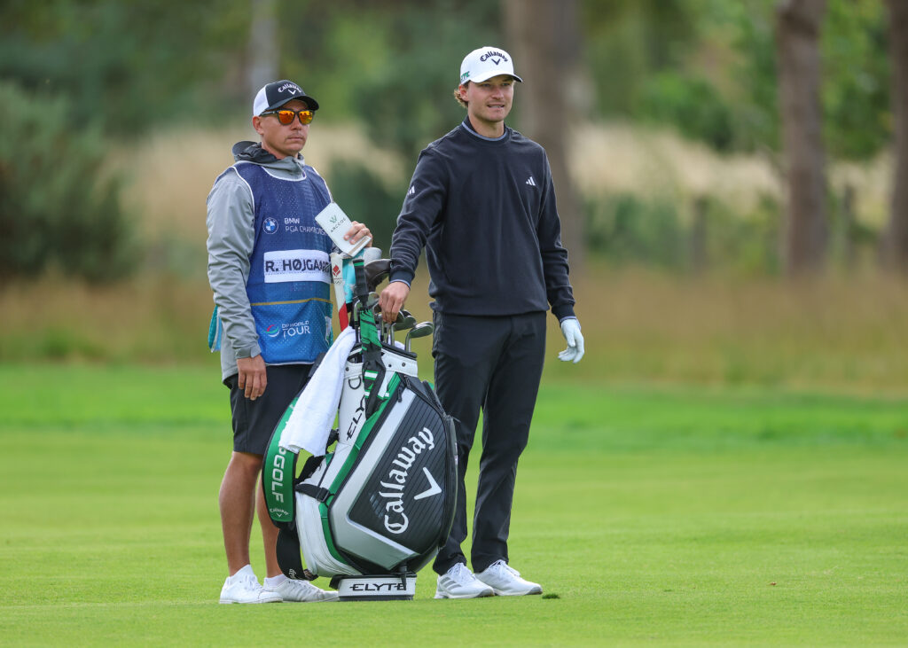 Rasmus Hojgaard plays his second shot on the ninth hole on day two of the BMW PGA Championship 2025 at Wentworth