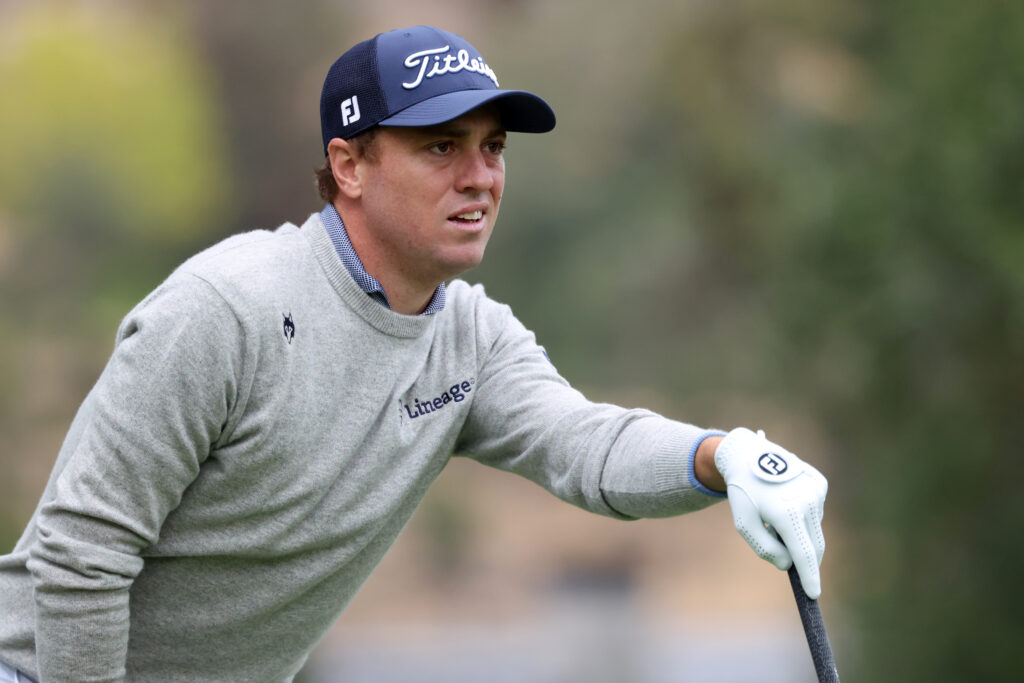 Justin Thomas watches his tee shot during the second round of the Procore Championship