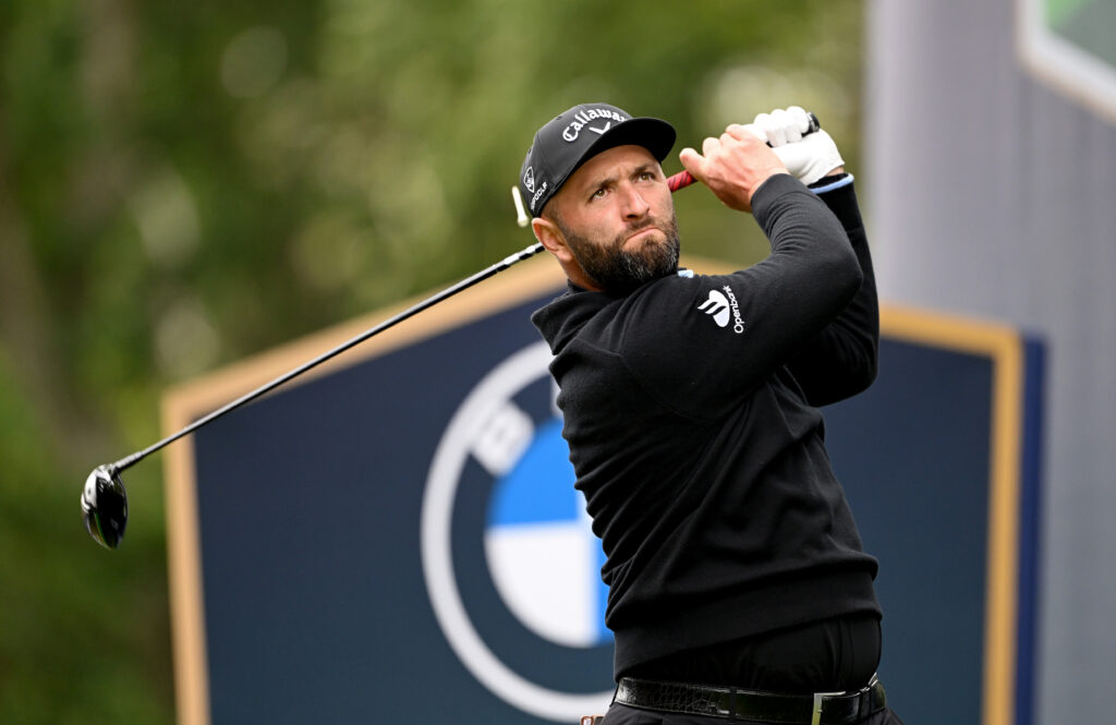 Jon Rahm of Spain tees off on the 17th hole on day four of the BMW PGA Championship 2025 at Wentworth Golf Club