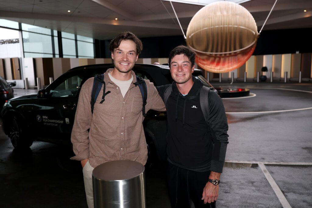 Rasmus Hojgaard and Viktor Hovland of Team Europe arrive to Heathrow Airport