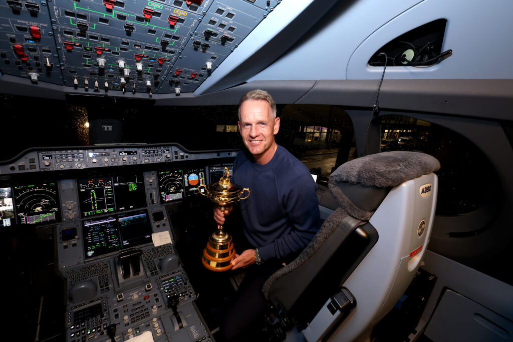 Luke Donald on the plane on the way to Bethpage for a practice trip ahead of the Ryder Cup