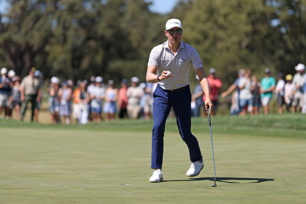 Ben Griffin acknowledges the crowd after making a birdie on the first hole of the final round at the Procore Championship